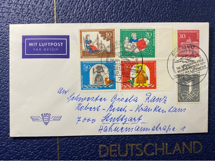 1967 UÇAK POSTASI ALMANYA ÖZEL AVRUPA AEROPHİLATELİE DAMGALI İLK GÜN ZARFI REFAH PULLARI  ERSTAUSGABETAG DEUTSCHLAND BRD AİRMAİL