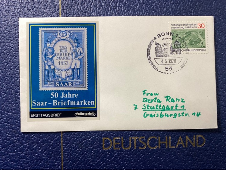 1970 ALMANYA ÖZEL DAMGALI İLK GÜN ZARFI TAG DER BRİEFMARKE 50 JAHRE SAAR BRİEFMARKEN 1953 ERSTAUSGABETAG DEUTSCHLAND BRD