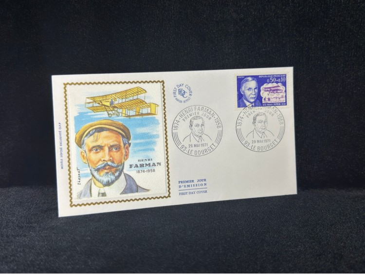 1971 Fransa İlk Gün Zarfı Pilot Henri Farman Premier Uçak temalı İpek Baskı France FDC