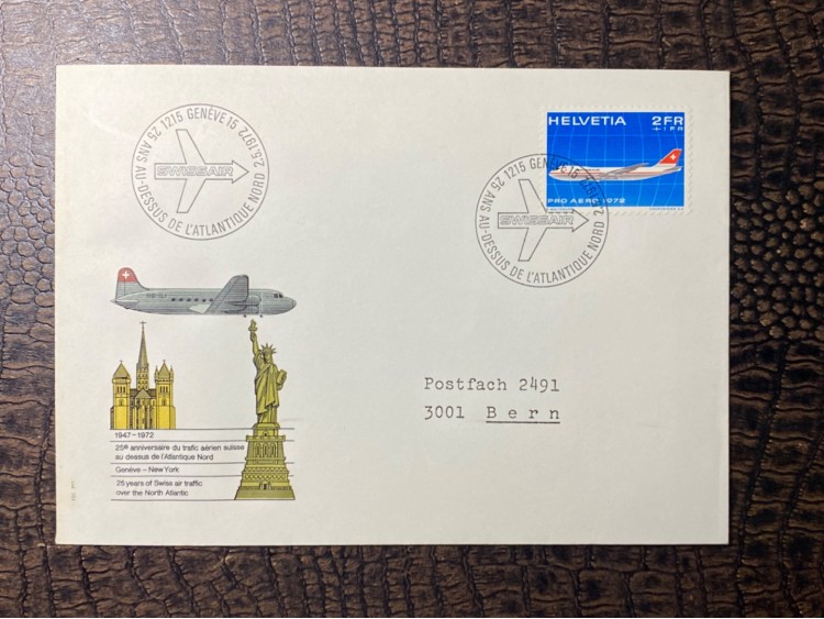 1972 İsvicre Hava Yollarının SWİSS AİR Kuzey Atlantic Uçuşlarının 25. Yıl Dönümü Geneve - NEW YORK KENNEDY İNT. Airport ve Özel İlk Gün Damgalı Zarf FDC