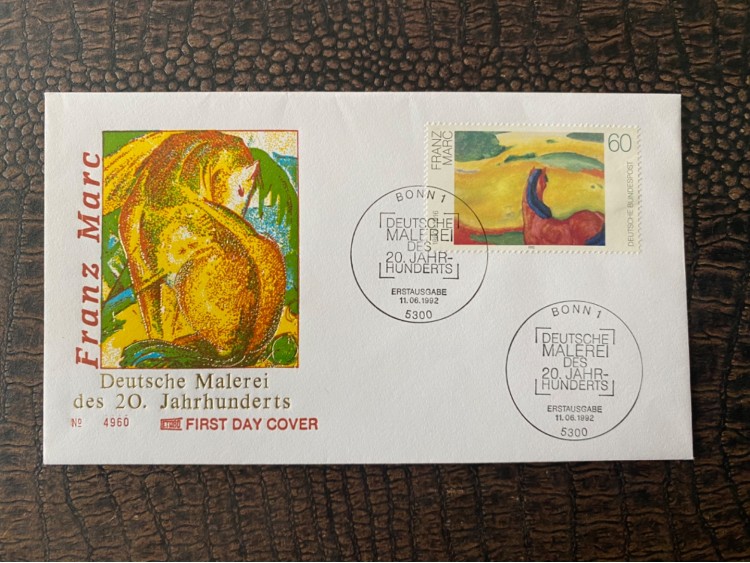 1992 Almanya Sanat Temalı İlk Gün Zarfı Ressam "Franz Marc" Deutsche Malerei des 20. Jahrhunderts First Day Cover