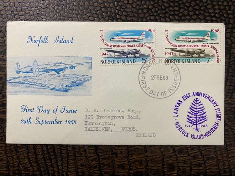 Avustralya 1968 Norfolk İsland Quantas Hava Yollarının 21. Yıl Dönümü Özel Damgalı Postadan geçmiş Uçak Temalı