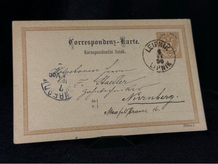 Avusturya-Macaristan ANTİYE 1890 yılında Leipnik'den Nürnberg'e postalanmış Varış damgalı 2 Kreuzer Pullu Posta Kartı
