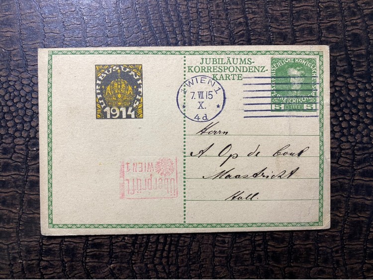 Avusturya İmparatorluğu 1915 tarihli Postakartı Macaristan İmparatoru Frans Joseph (1. Dünya Savaşından Müttefikimiz) Viyana'dan Hollanda Maastricht'e gönderilmiş