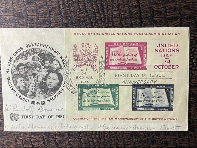 Birleşmiş Milletler İLK GÜN ZARFI 10. Yıl Dönümü  Postadan geçmiş 1955 United Nations FDC 10. Anniversary United Nations York Scott 38