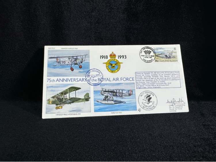 Falkland İslands İngiltere Kraliyet Hava Kuvvetleri 75. yıldönümü  İlk Gün Zarfı 19993 75th Ann. of the Royal Air Force FDC Islak İmzalı Limited