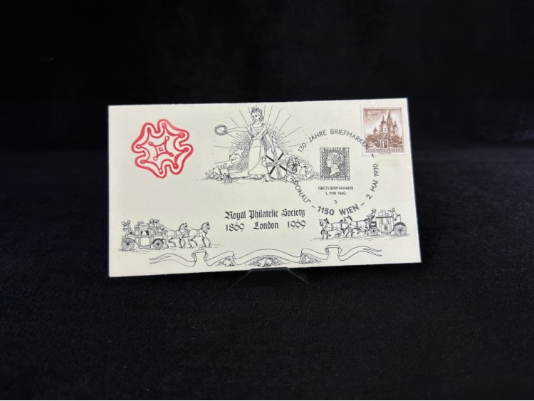 1970 Avusturya FDC İLK GÜN ZARFI Royal Philatelic Society Black Penny Anısına çıkartılmış Özel Gün Damgalı