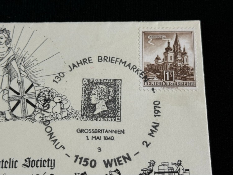 1970 Avusturya FDC İLK GÜN ZARFI Royal Philatelic Society Black Penny Anısına çıkartılmış Özel Gün Damgalı
