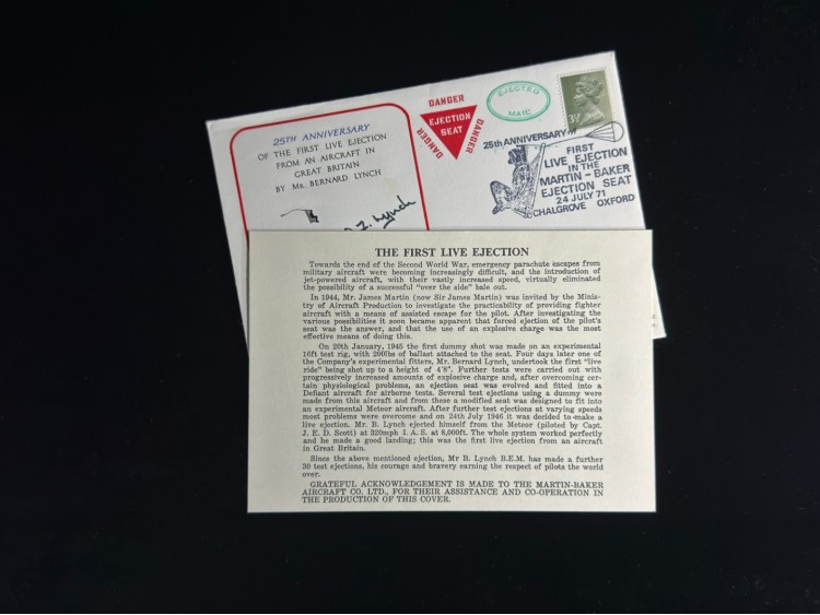 İngiltere LİMİTED (300/230) FDC İlk Gün Zarfı First Jet Ejection seat cover 1971 signed by (ıslak İmzalı) Bernard Lynch and Capt J Scott.