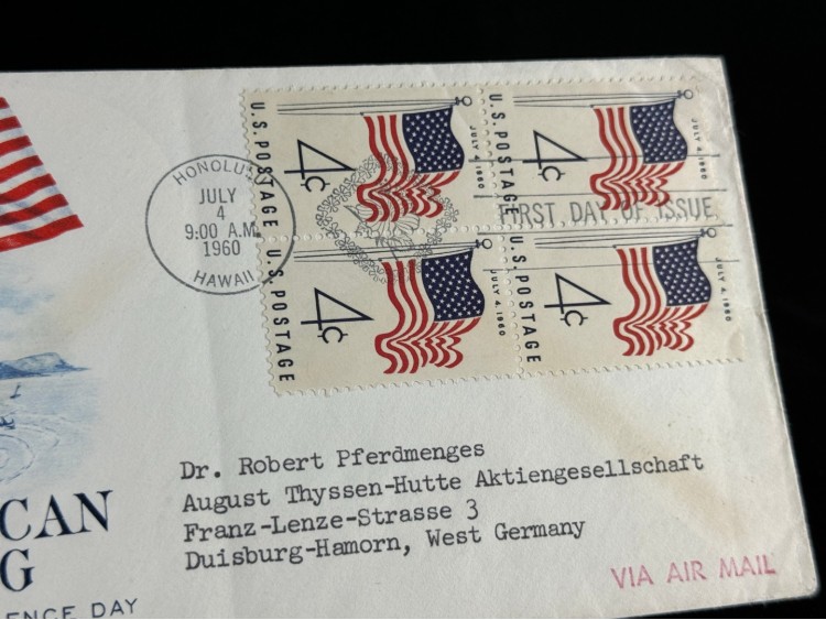 4th July 1960 FDC İlk Gün Zarfı 50 yıldız Amerikan Bayraklı dörtlü Block Pullu Air Mail Uçak Postası 