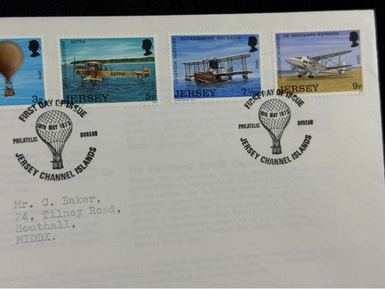 1973 Jersey Havacılık Temalı İlk Gün Zarfı Jersey Aviation History FDC