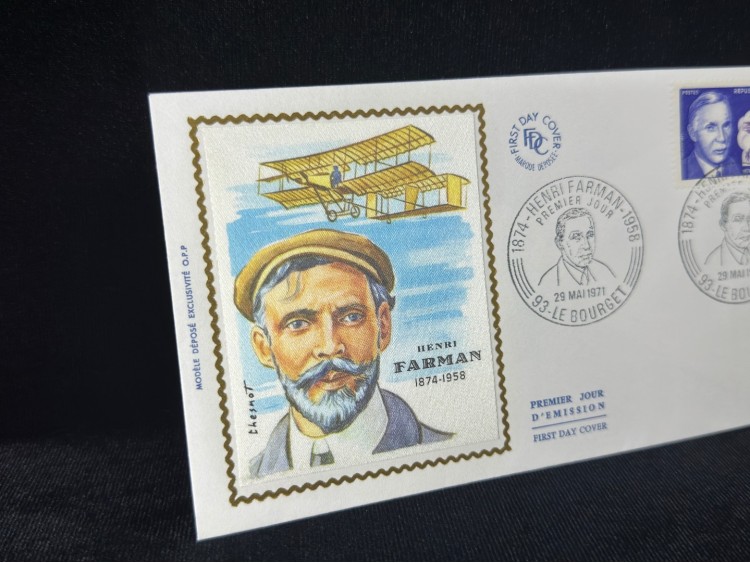 1971 Fransa İlk Gün Zarfı Pilot Henri Farman Premier Uçak temalı İpek Baskı France FDC