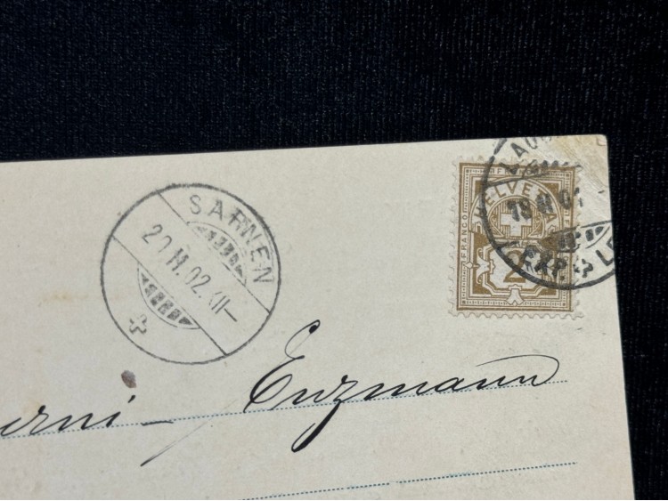 1902 yılından Firma Knecht Solingen ait Postakartı İsviçre Helvetia 2 Frank Pullu varış Damgalı