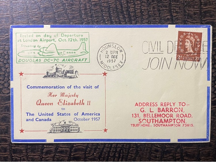 İngiltere Kraliçe Elisabeth II AMERİKA VE KANADA ZİYARETİ İLK GÜN ZARFI  1957 FDC GB QEII USA/CANADA ROYAL VISIT Air Mail Douglas DC-7C