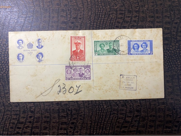 1947 Kraliyet Ziyareti İngiliz Sömürge İlk Gün Zarfı Tam Seri Pulları ve Özel Gün Damgalı Royal Visit 1947 FDC SWAZİLAND Commonwealth