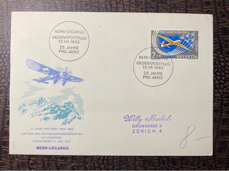 1963 İsviçre 25 Yıl Pro Aero anısına Posta Uçuşu Özel Damgalı ve Pullu İlk Gün ZarfıFDC "UÇAK TEMALI"