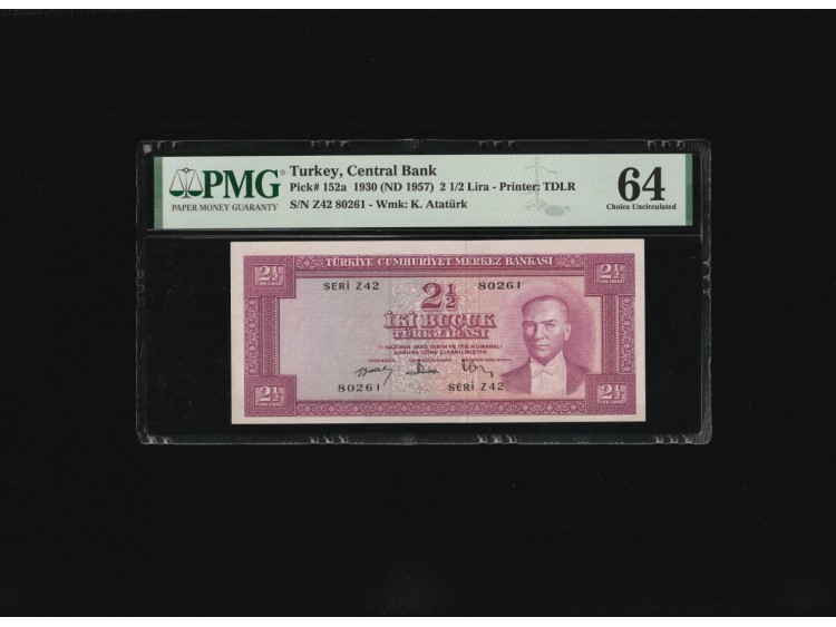 2.5 TL 2 1/2  İKİ BUÇUK Türk Lirası PMG 64 CHOİCE UNC ÇİL P 152a 1957 S/N  Z42 80261 / 5.. Emisyon 3. Tertip