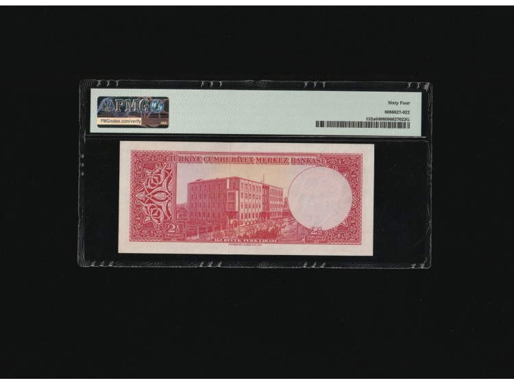 2.5 TL 2 1/2  İKİ BUÇUK Türk Lirası PMG 64 CHOİCE UNC ÇİL P 152a 1957 S/N  Z42 80261 / 5.. Emisyon 3. Tertip