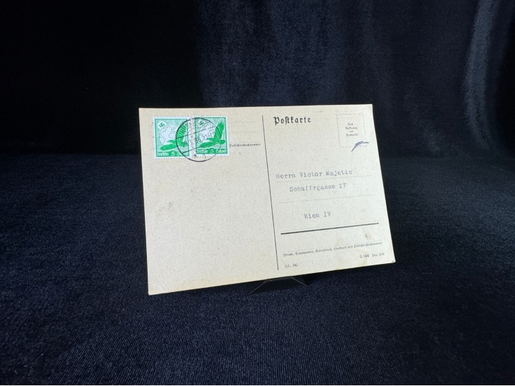 Almanya Nazi Reich Dönemi Posta Kartı AirMail Luftpost 5 Pfennig Gamma Haç Kartal Pullu Uçak postası Avusturya'ya postalanmış