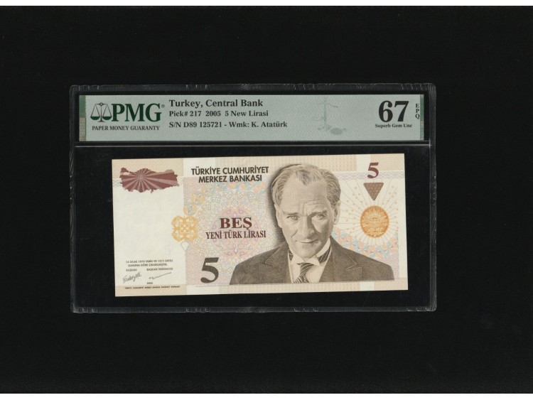 Beş Yeni Türk Lirası 5 YTL  P217 2005 PMG 67 EPQ SUPERB GEM UNC S/N D89 125721 8. EMS 1.T