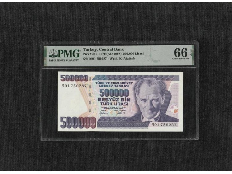 Türk Lirası PMG 66 EPQ GEM UNC ÇİL 500.000 Lira Pick#212 1970 (ND 1998) S/N M01 7. Emisyon 4. Tertip